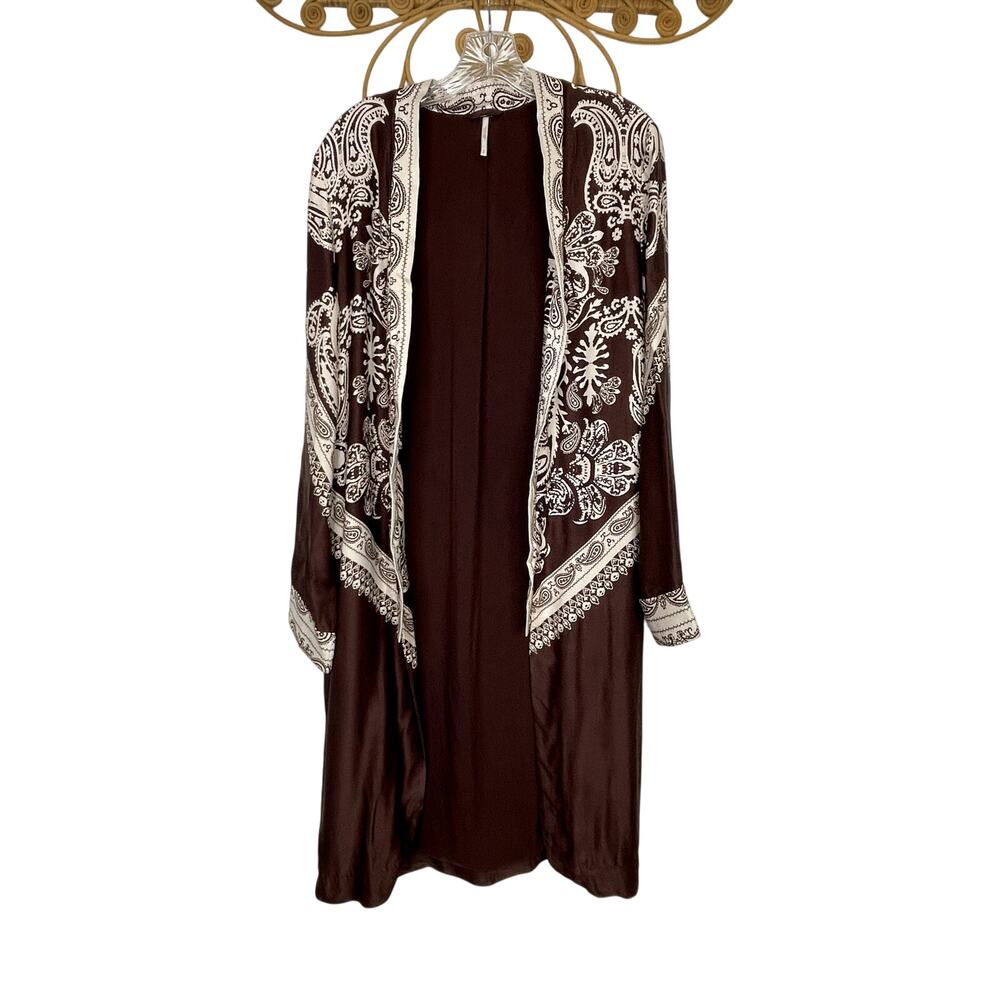 Free People Brown Bandana Printed Longline Satin Topper Cardigan - Picture 3 of 8